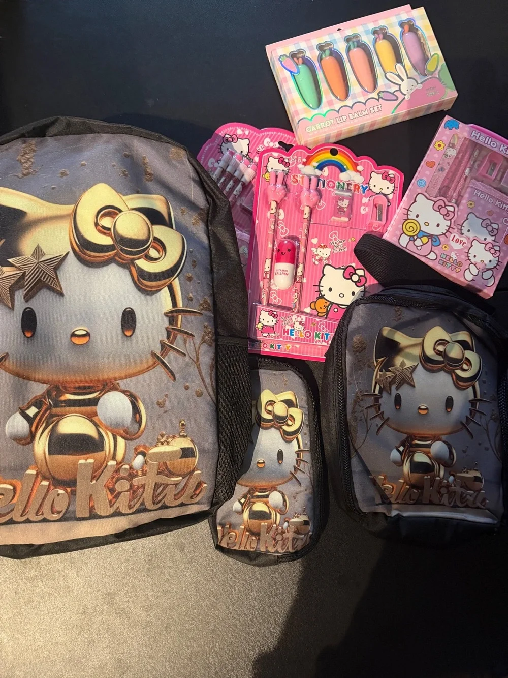 Hello Kitty Metallic Gold and Black Backpack + Matching Pouch Set